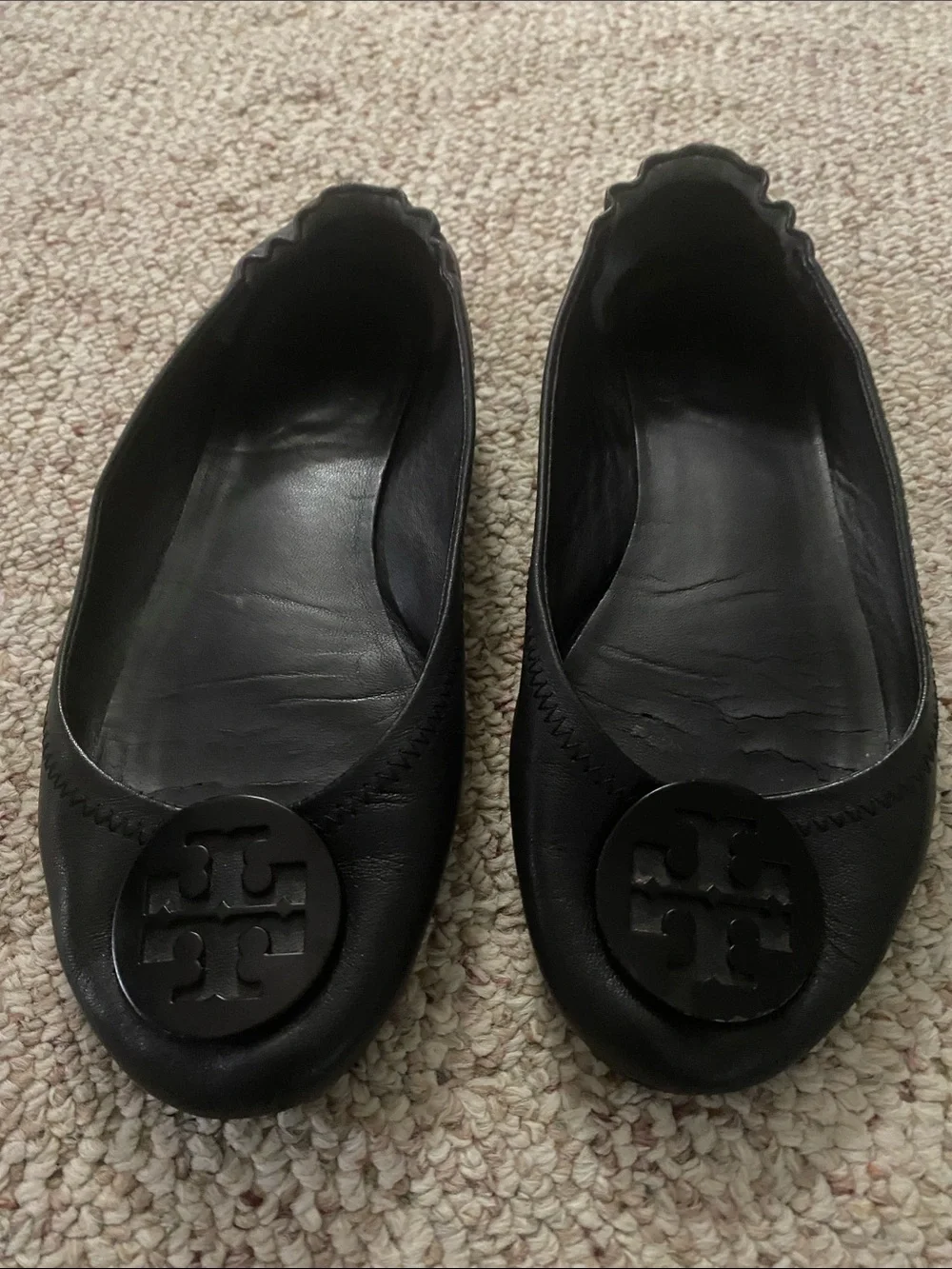 Tory Burch Black Leather Logo Ballet Flats